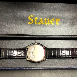 AS IS Stauer Watch Box Jump Hour Stainless  21 Jewels Automatic Leather Band